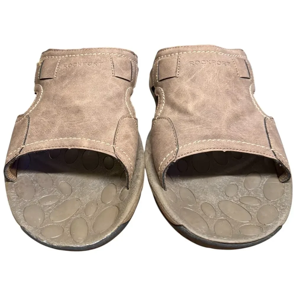 ROCKPORT Hayes Comfort Slides Men's 13 Brown Leather Sandals Casual